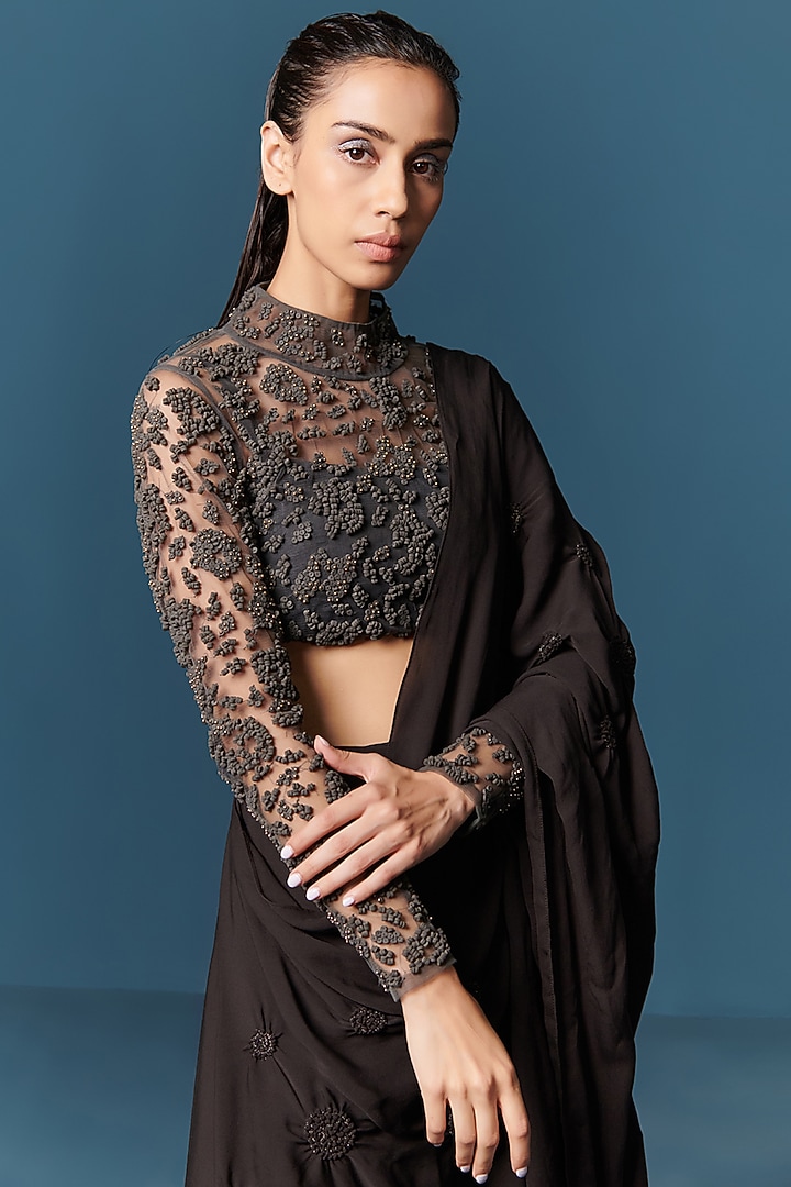 Black Smocked Draped Party Wear Saree by ILk by Shikha and Vinita at Pernia's Pop Up Shop