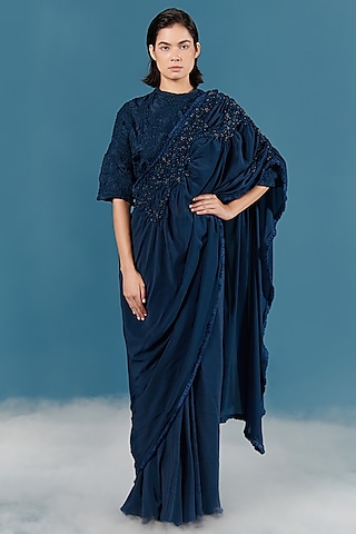 Blue Draped Saree With Embroidery by ILk by Shikha and Vinita