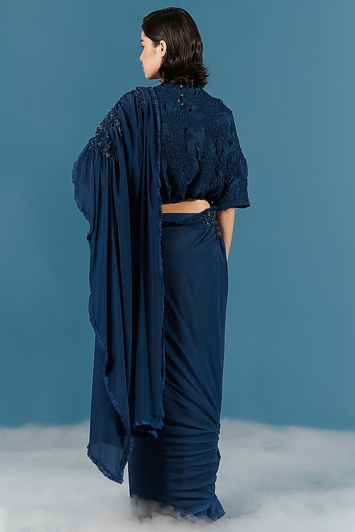 Blue Draped Wedding Saree With Embroidery by ILk by Shikha and Vinita at Pernia's Pop Up Shop