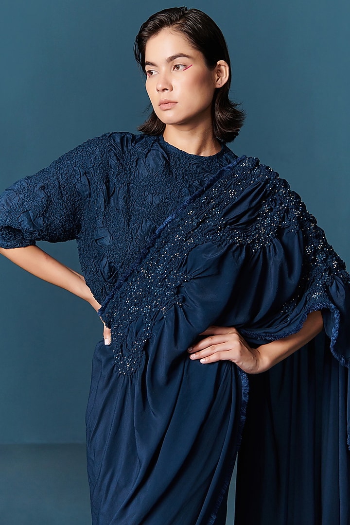 Blue Draped Wedding Saree With Embroidery by ILk by Shikha and Vinita at Pernia's Pop Up Shop