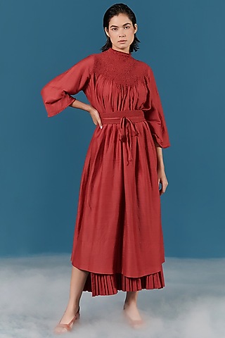 Red Smocked Silk Dress by ILk by Shikha and Vinita