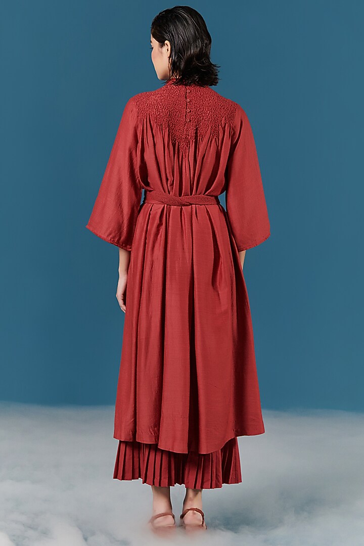 Red Smocked Silk Vacation Dress by ILk by Shikha and Vinita at Pernia's Pop Up Shop