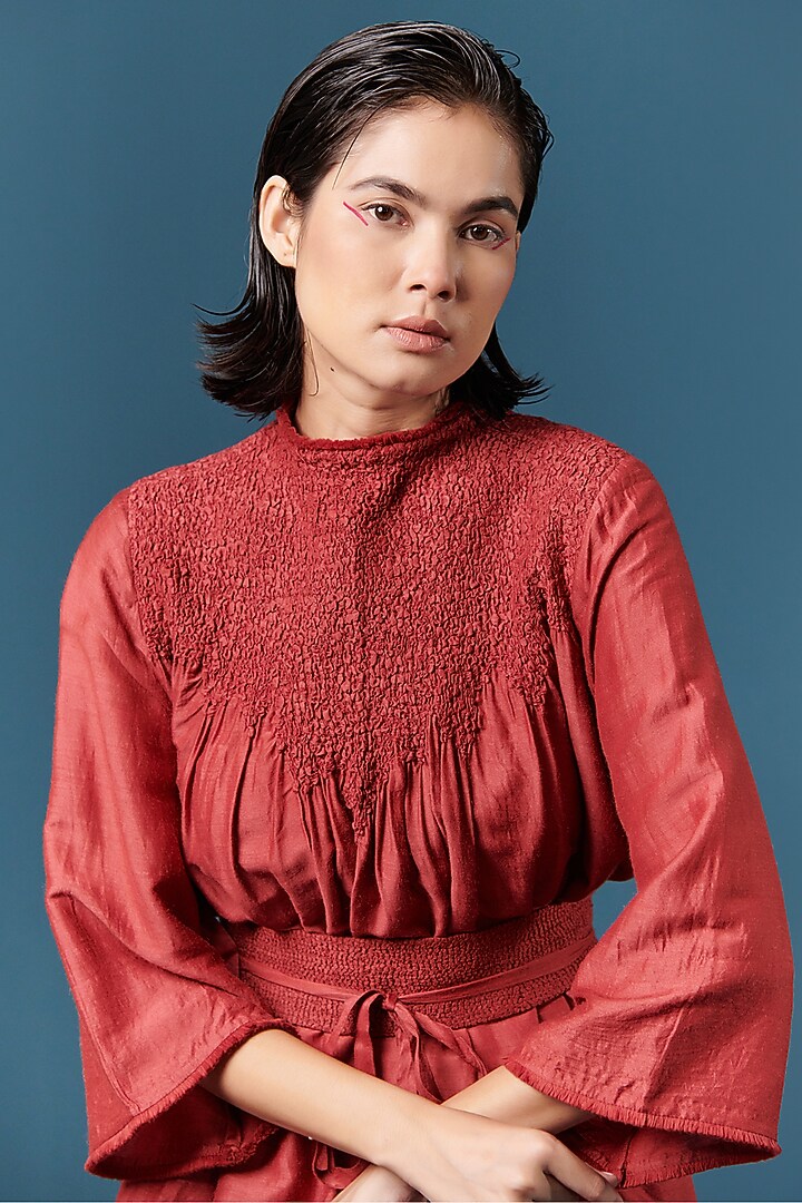 Red Smocked Silk Vacation Dress by ILk by Shikha and Vinita at Pernia's Pop Up Shop