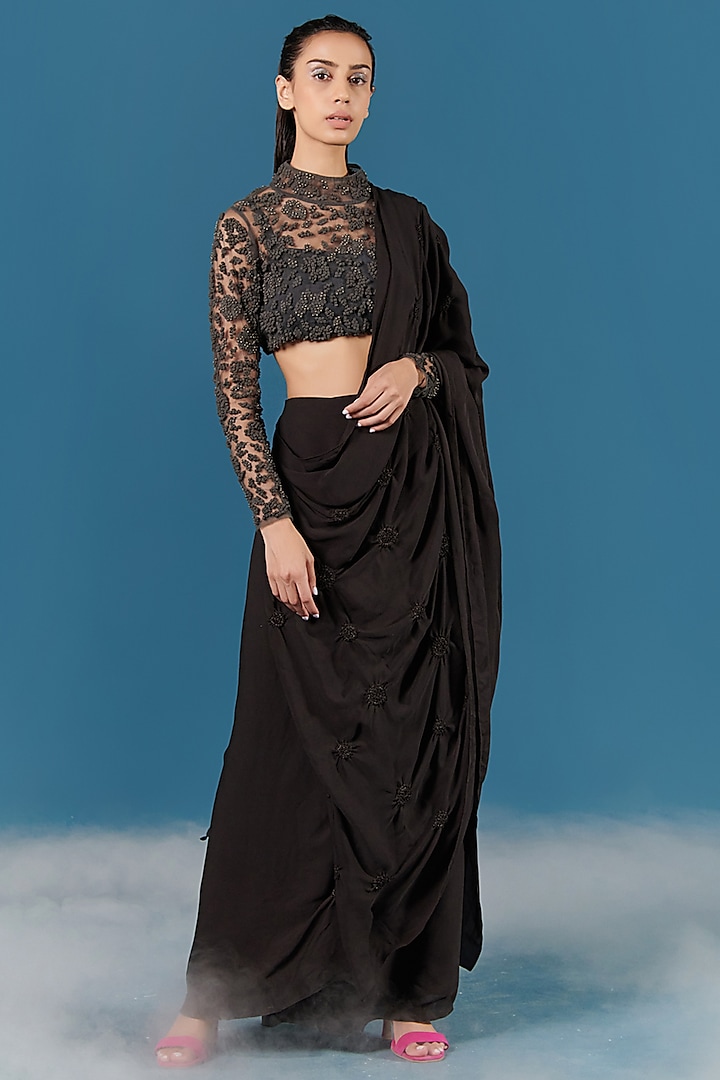 Black Embroidered Cropped Top by ILk by Shikha and Vinita