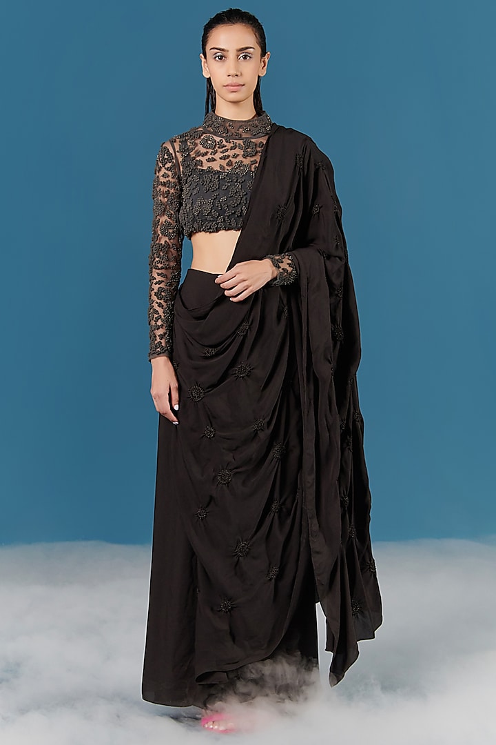 Black Silk Draped Saree Set by ILk by Shikha and Vinita