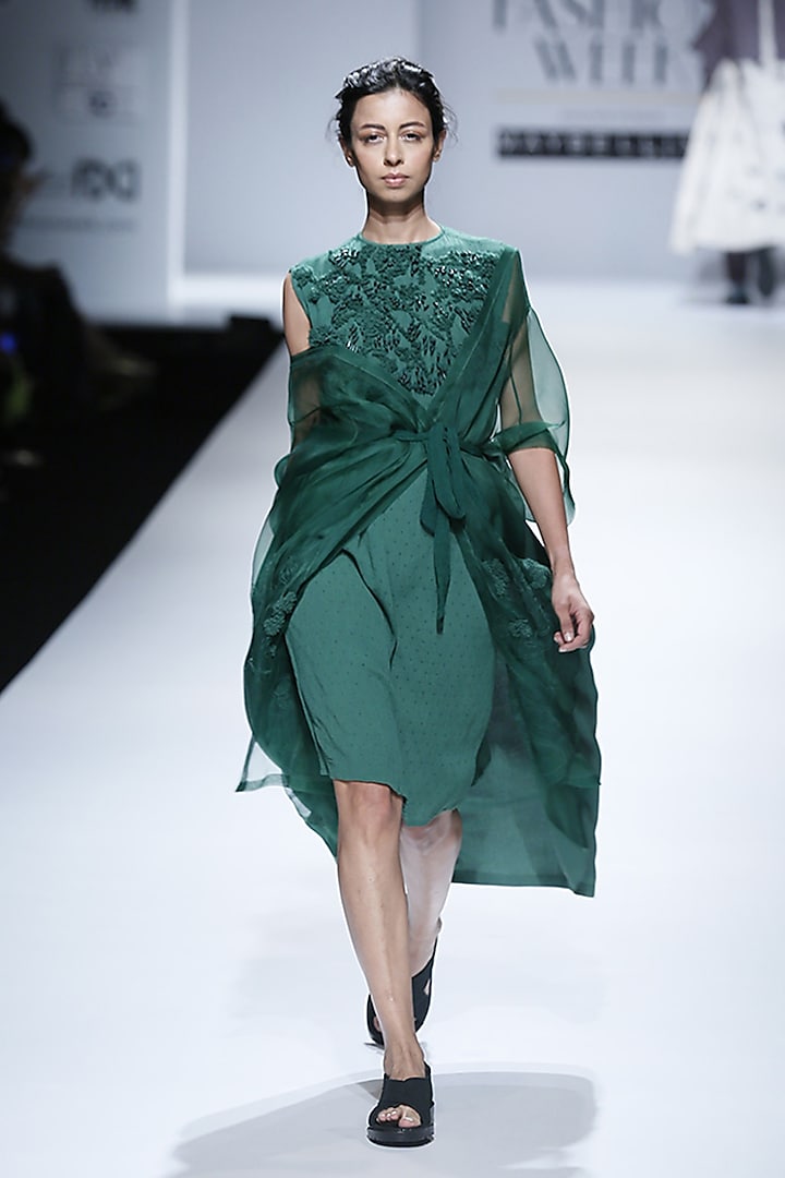Green Crinkle Moss Embroidered Dress by ILK by Shikha and Vinita