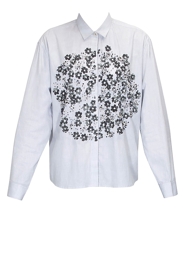 Light grey floral embroidered shirt by ILK By Shikha And Vinita