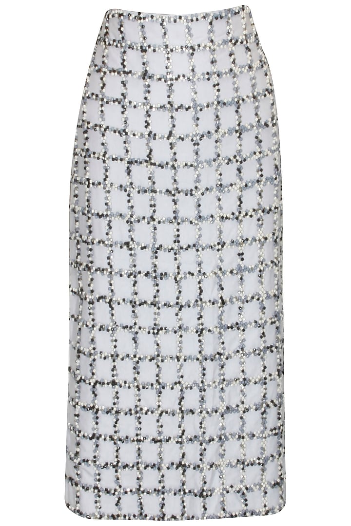 Light grey bead embroidered checks skirt by ILK By Shikha And Vinita