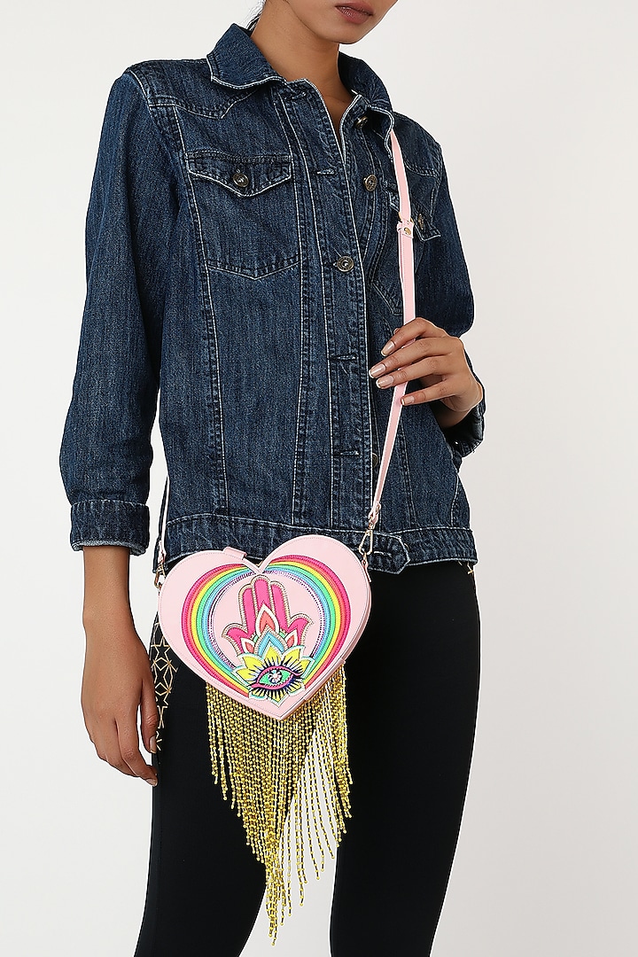 Blush Pink Rexine Heart Shaped Bag by Manish Arora