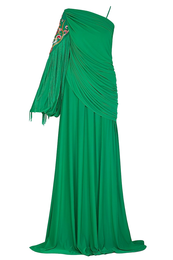 Emerald Green Embroidered One Shoulder Gown by Manish Arora at Pernia's Pop Up Shop