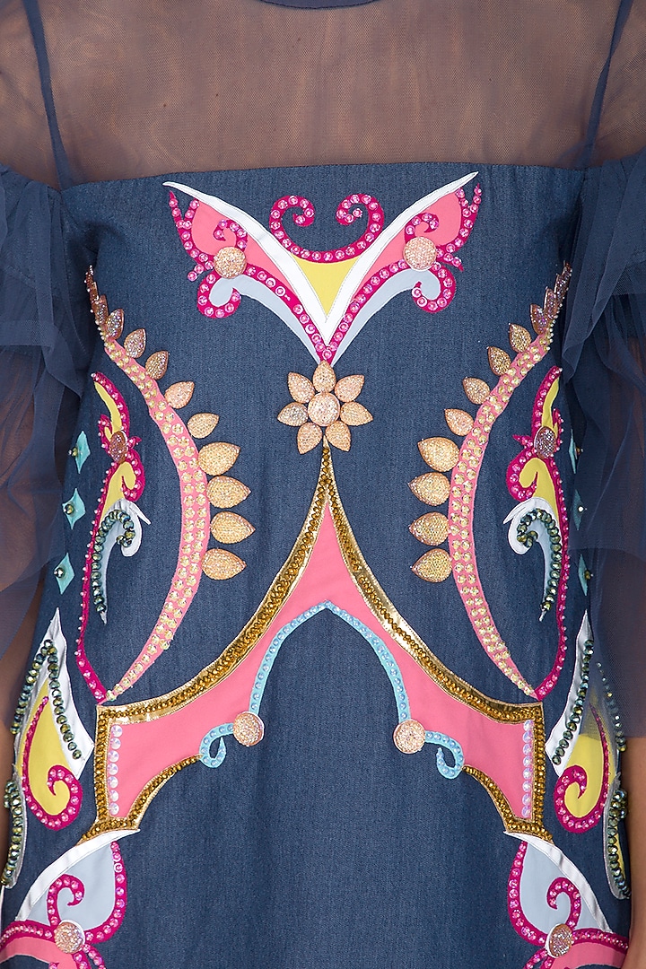 Cobalt Blue Denim Mini Party Wear Dress by Manish Arora at Pernia's Pop Up Shop