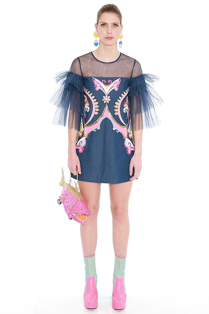 Blue Embroidered Frill Sleeved Dress by Manish Arora