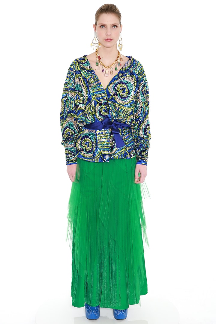 Green Satin Lycra Woven Skirt by Manish Arora