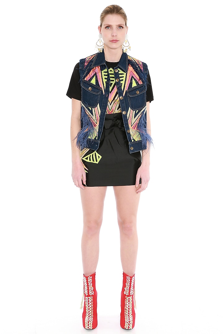 Black Embroidered Mini Skirt With Bow Tie by Manish Arora