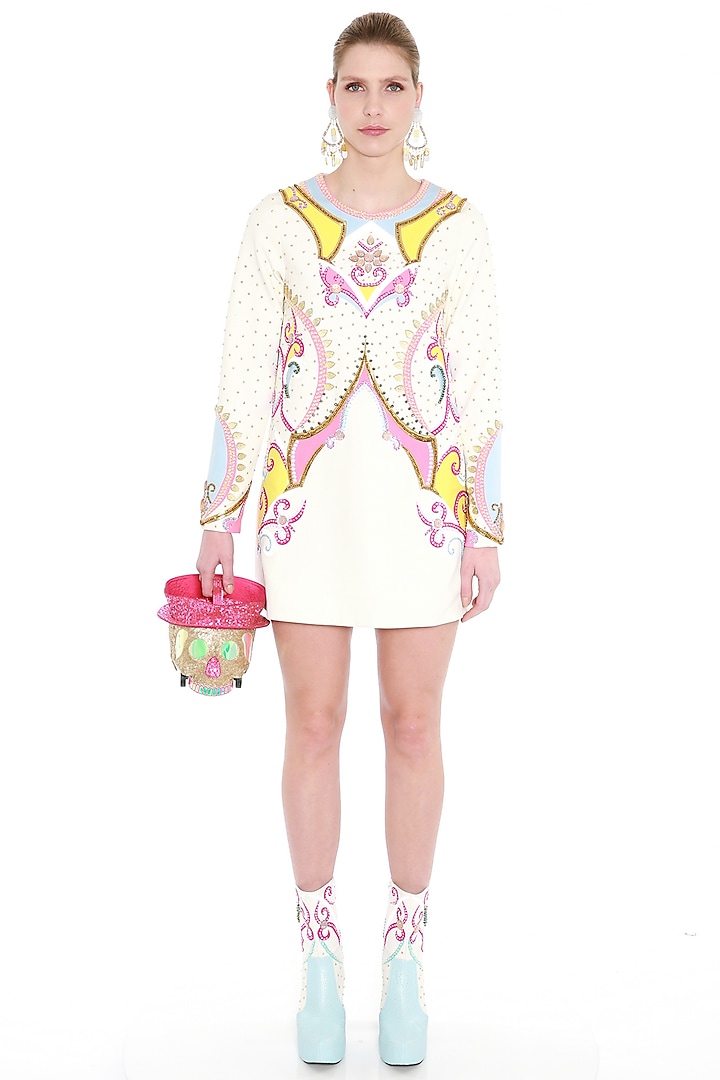 Ivory Hand Embroidered Crepe Dress by Manish Arora