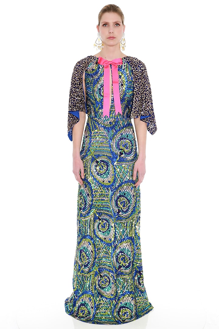 Blue Khichdi Embroidered Cape Gown by Manish Arora