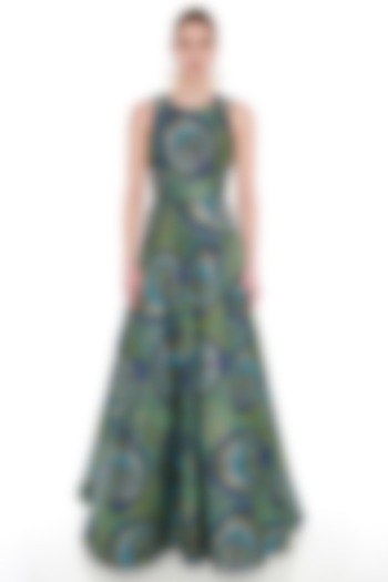 Green Printed Woven Brocade Gown by Manish Arora