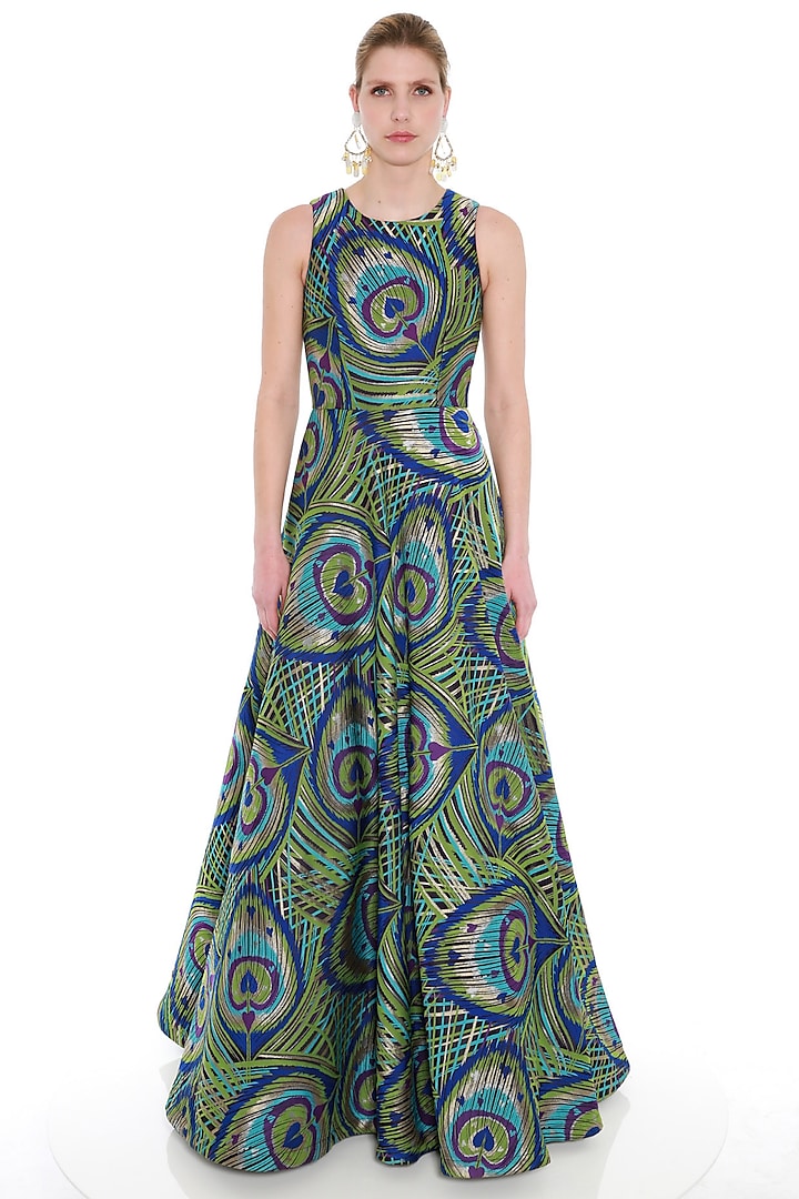 Green Printed Woven Brocade Gown Design by Manish Arora at Pernia's Pop ...