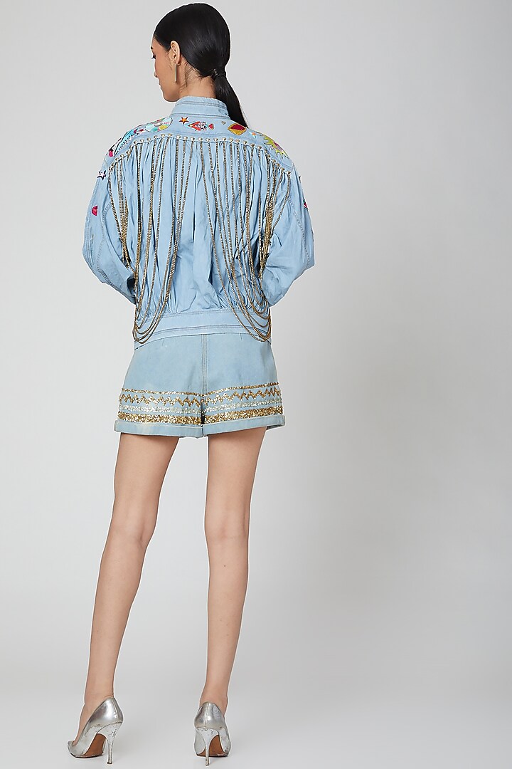 Sky Blue Denim Shorts by Manish Arora at Pernia's Pop Up Shop
