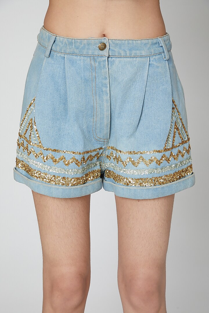Sky Blue Denim Shorts by Manish Arora at Pernia's Pop Up Shop