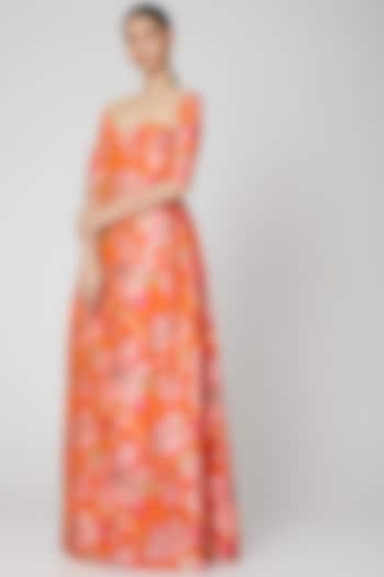 Orange Floral Printed Gown by Manish Arora
