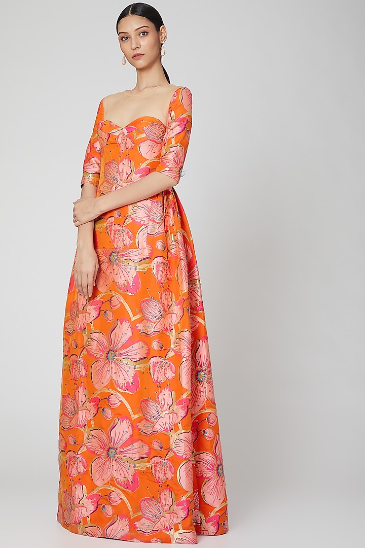 Orange Floral Printed Gown by Manish Arora