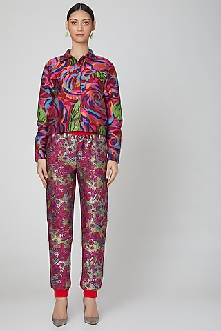Fuchsia Brocade Polyester Pants by Manish Arora