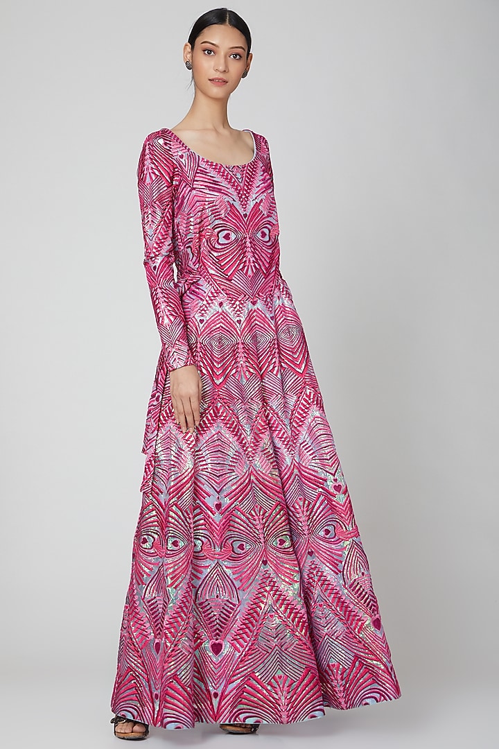 maxi fuchsia organza dress Flycurvy Plus Size Wedding Guest Fuchsia Organza Floral Print Wrap Flutter Sleeve Maxi Dress- Flycurvy