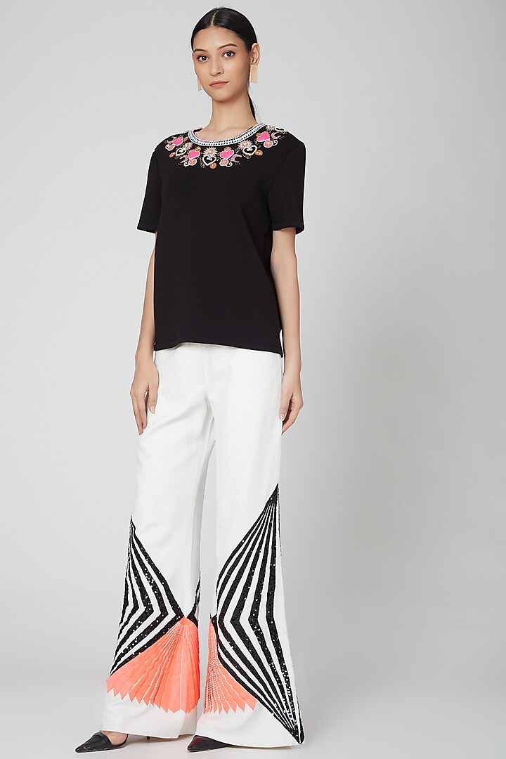 White Embroidered Flared Pants by Manish Arora