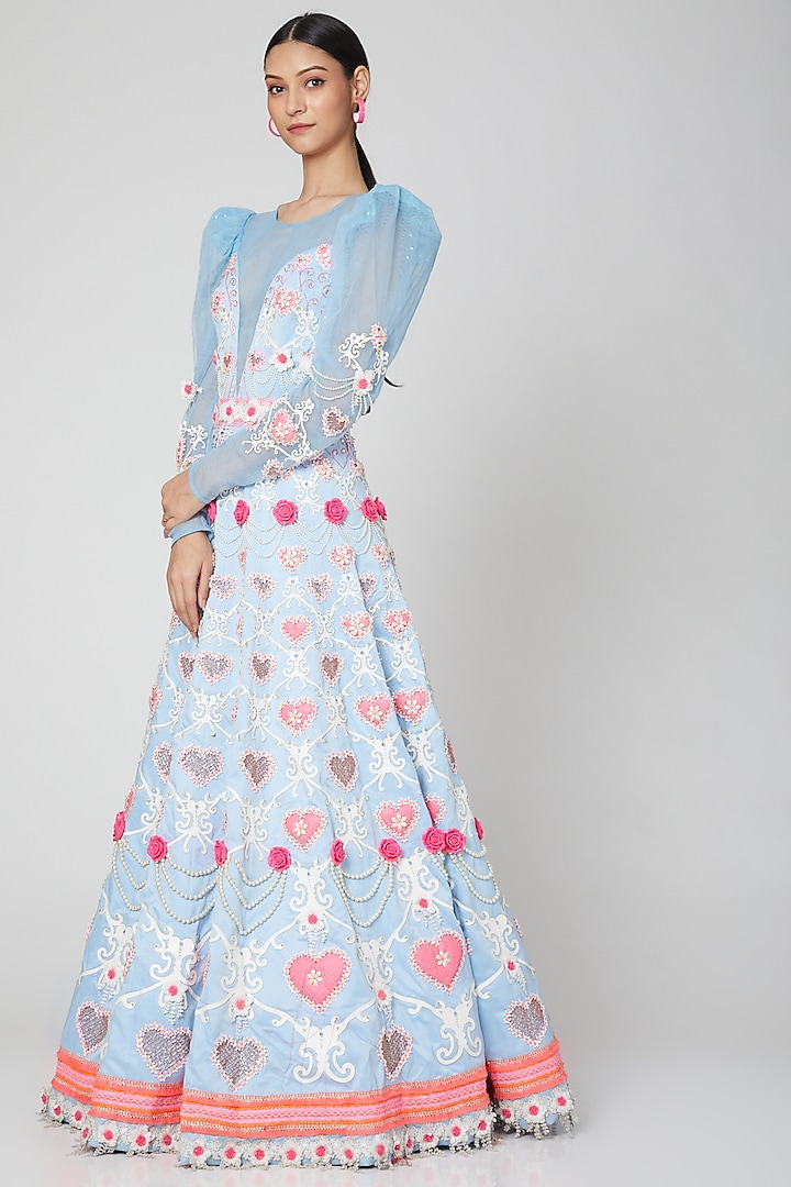 Sky Blue Dress With Puff Sleeves by Manish Arora