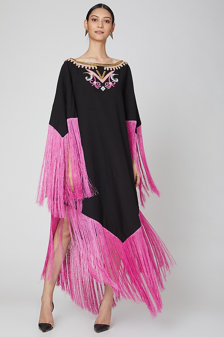 Black Knee Lenght Dress With Fringes by Manish Arora