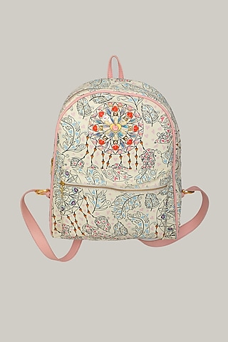 White Printed & Embroidered Bag by Manish Arora