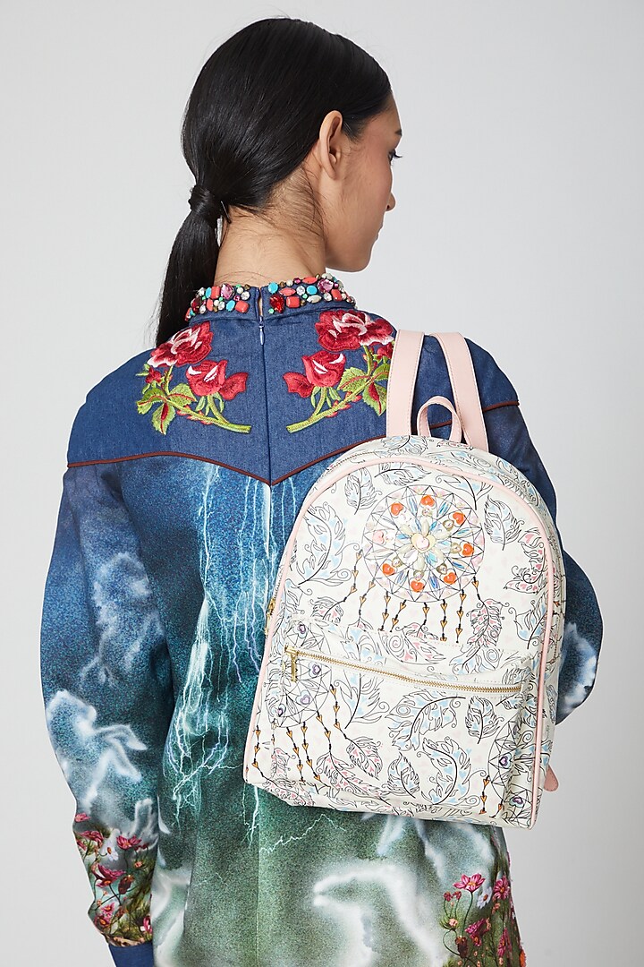 White Printed & Embroidered Bag by Manish Arora at Pernia's Pop Up Shop