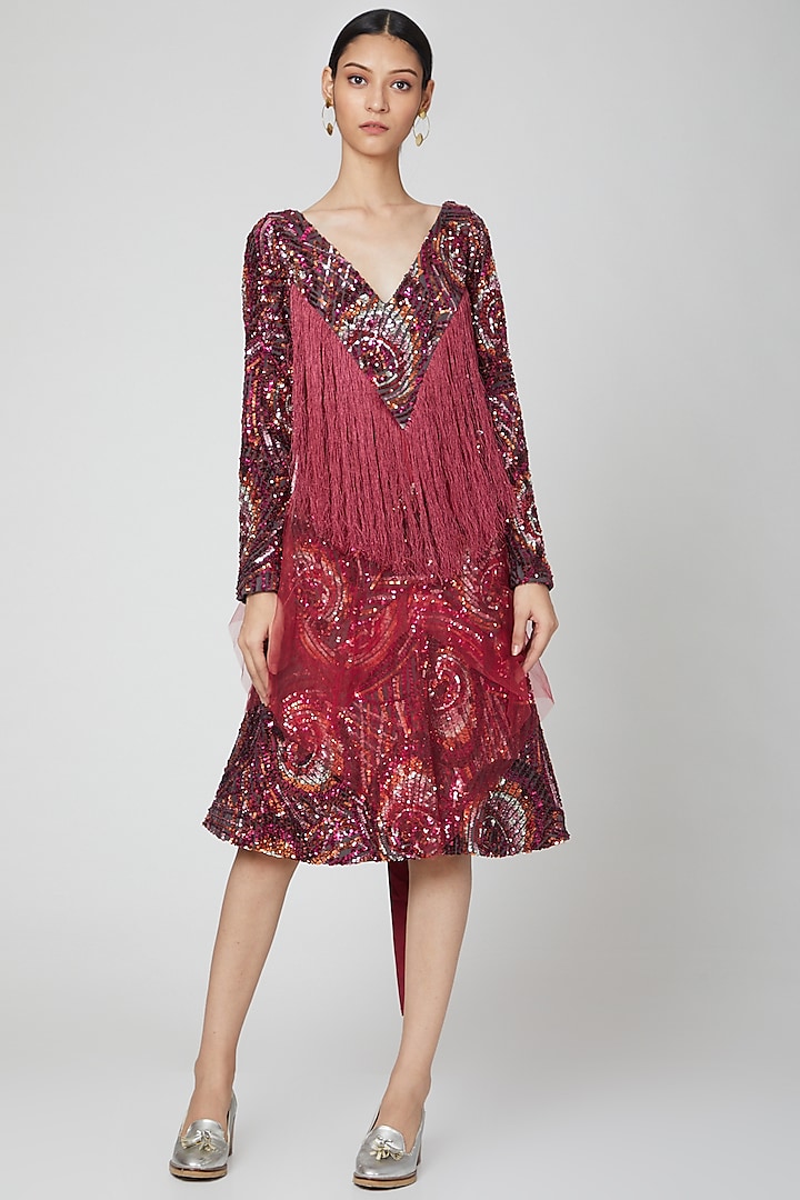 Maroon Sequin Embellished Dress by Manish Arora