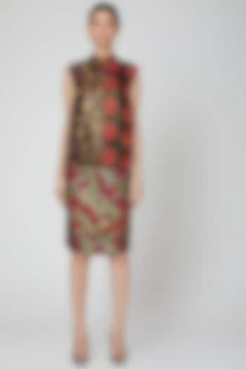 Red Brocade Knee Length Skirt by Manish Arora at Pernia's Pop Up Shop