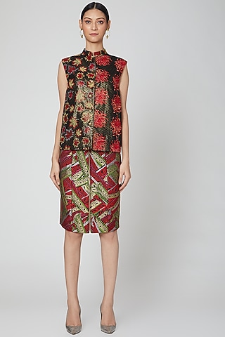 Red Brocade Knee Length Skirt by Manish Arora