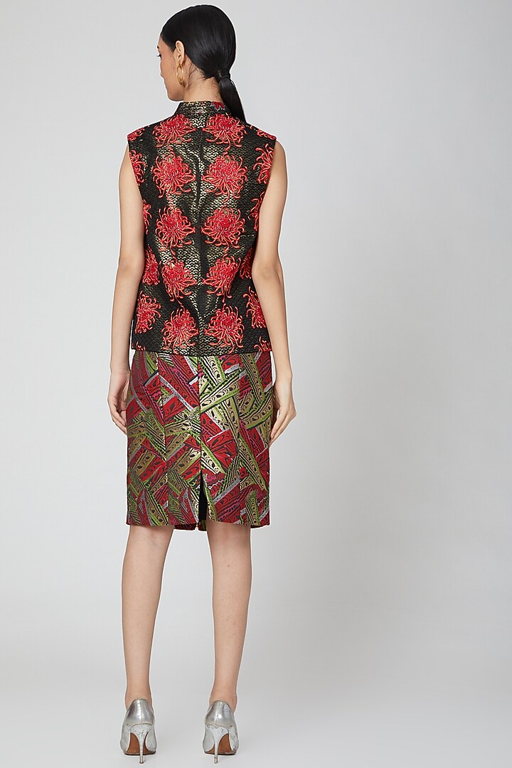 Red Brocade Knee Length Skirt by Manish Arora at Pernia's Pop Up Shop