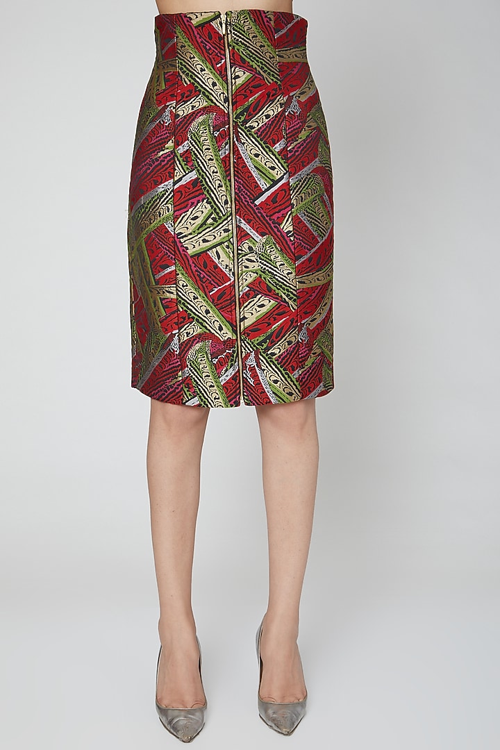 Red Brocade Knee Length Skirt by Manish Arora at Pernia's Pop Up Shop