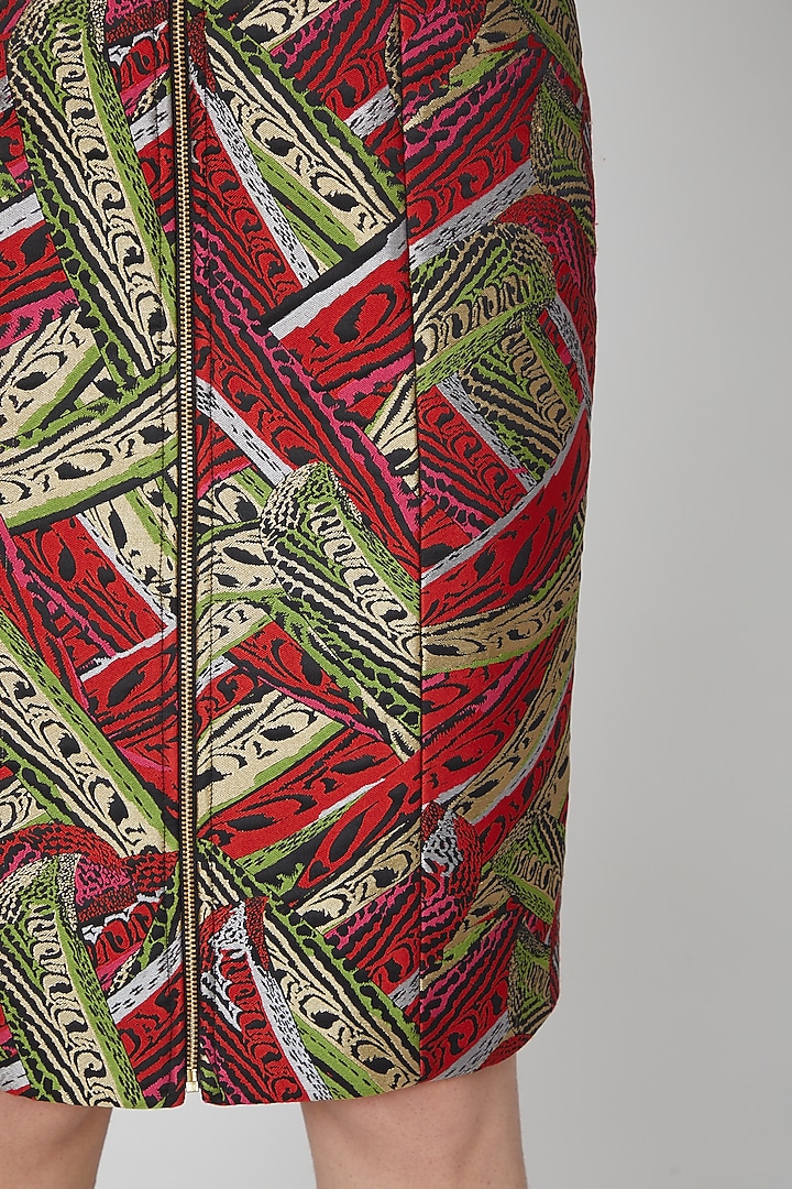 Red Brocade Knee Length Skirt by Manish Arora at Pernia's Pop Up Shop