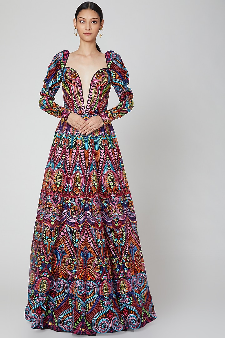 Maroon Appliques Embroidered Party Wear Dress by Manish Arora at Pernia's Pop Up Shop