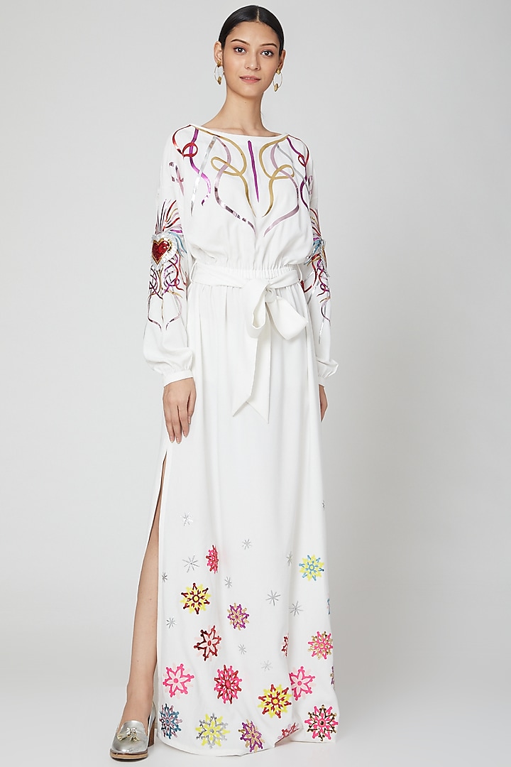 White Appliques Embroidered Dress by Manish Arora