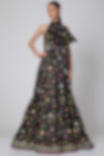 Black Appliques Embroidered Halter Party Wear Dress by Manish Arora at Pernia's Pop Up Shop