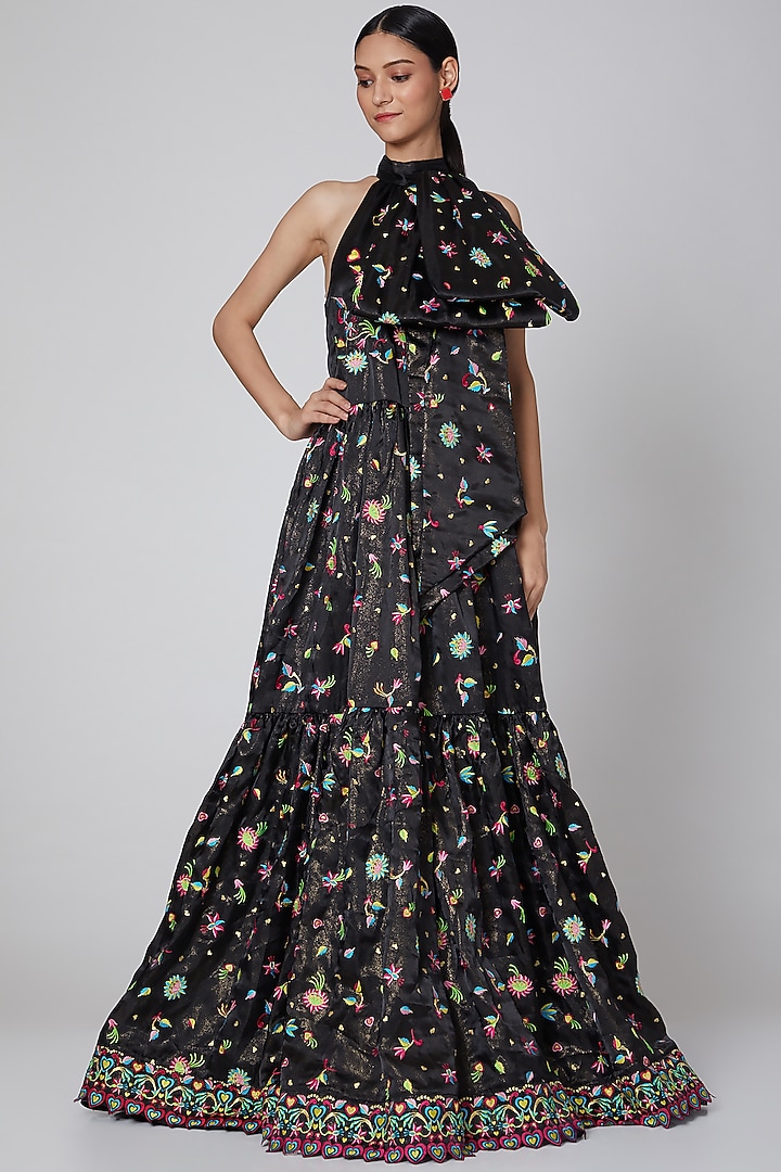 Black Appliques Embroidered Halter Party Wear Dress by Manish Arora at Pernia's Pop Up Shop