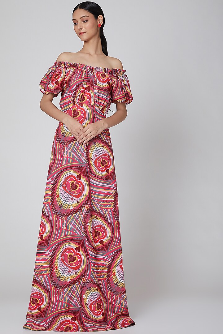 Maroon Peacock Printed Dress by Manish Arora