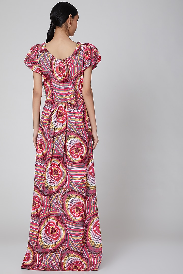 Maroon Peacock Printed Vacation Dress by Manish Arora at Pernia's Pop Up Shop