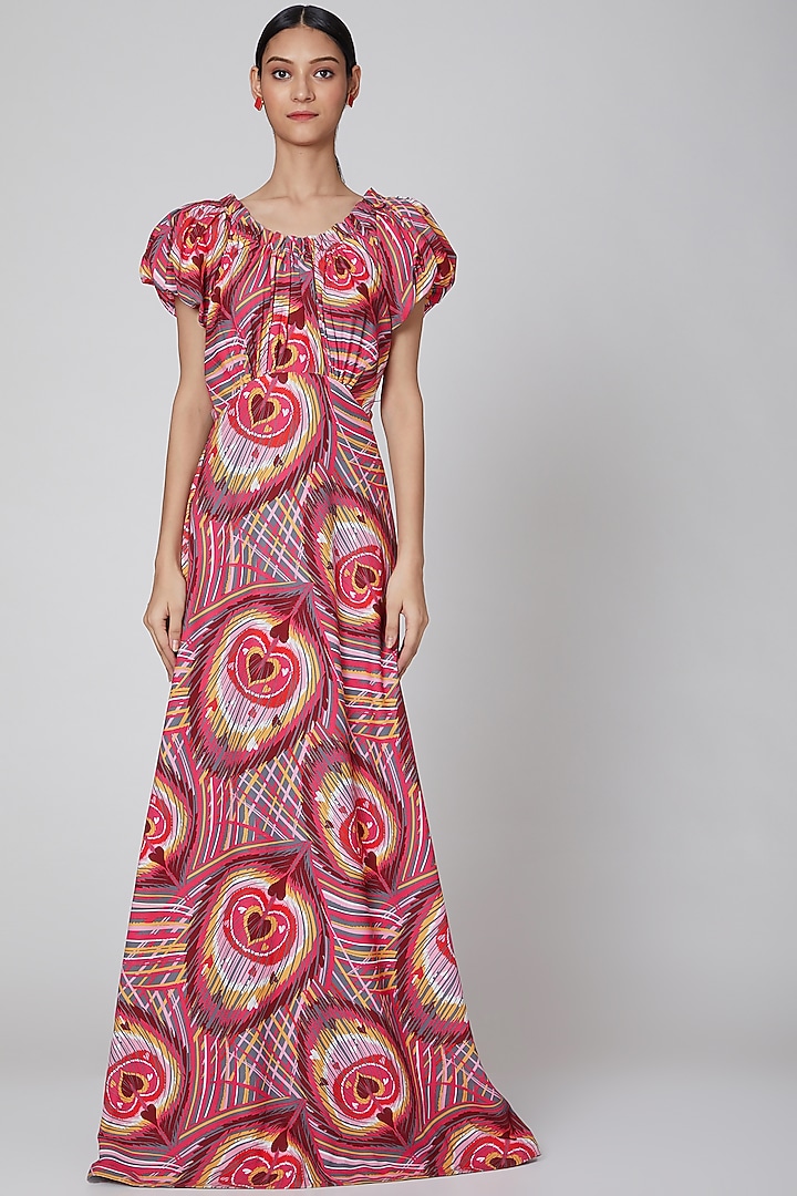 Maroon Peacock Printed Vacation Dress by Manish Arora at Pernia's Pop Up Shop