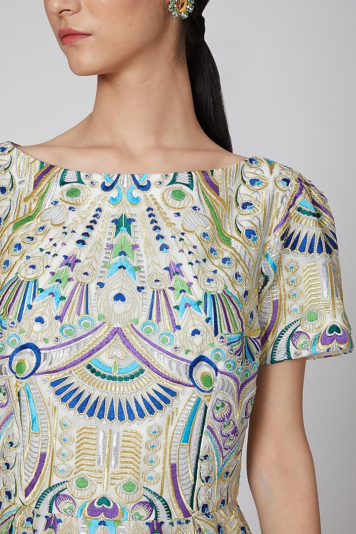 White Appliques Embroidered Party Wear Dress by Manish Arora at Pernia's Pop Up Shop