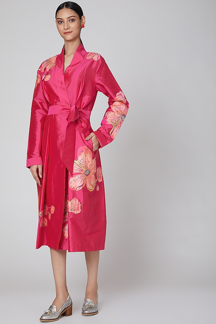 Fuchsia Dress With Brocade Patch Work by Manish Arora