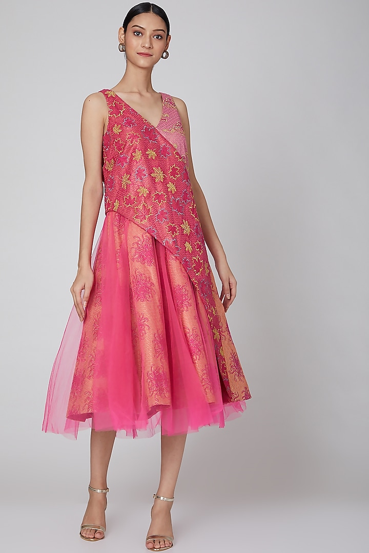 Fuchsia Appliques Embroidered Dress by Manish Arora