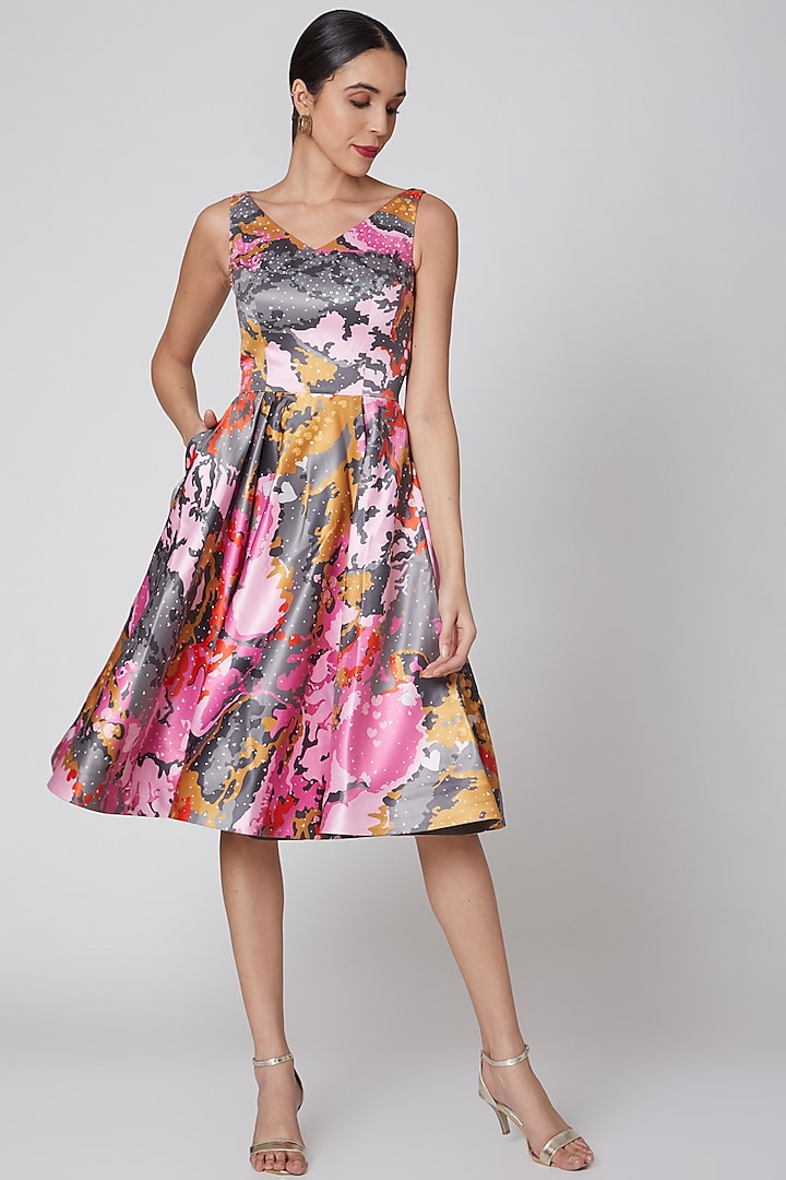 Multi Colored Printed Satin Dress Design by Manish Arora at Pernia\'s Pop Up  Shop 2024